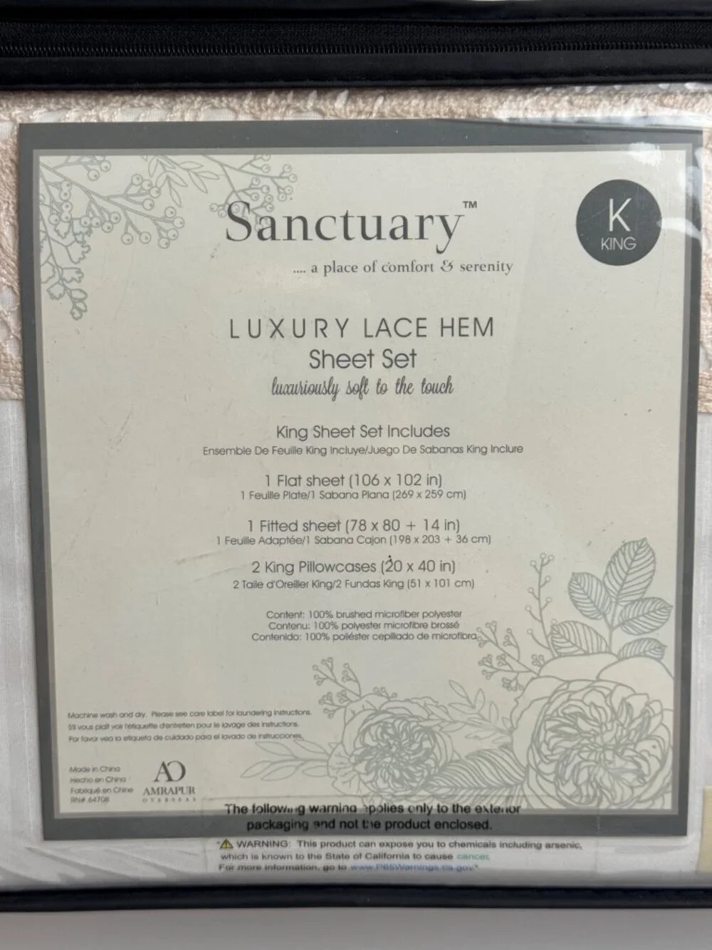 Amprapur Overseas Sanctuary NEW King 4 Piece Luxury Lace Hem Sheet Set White